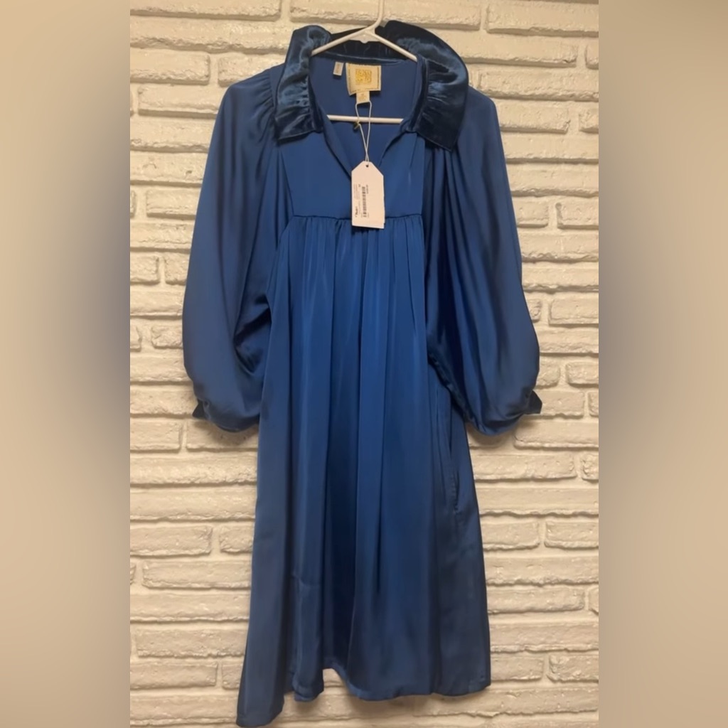 Blue Satin Long-Sleeve Midi Dress